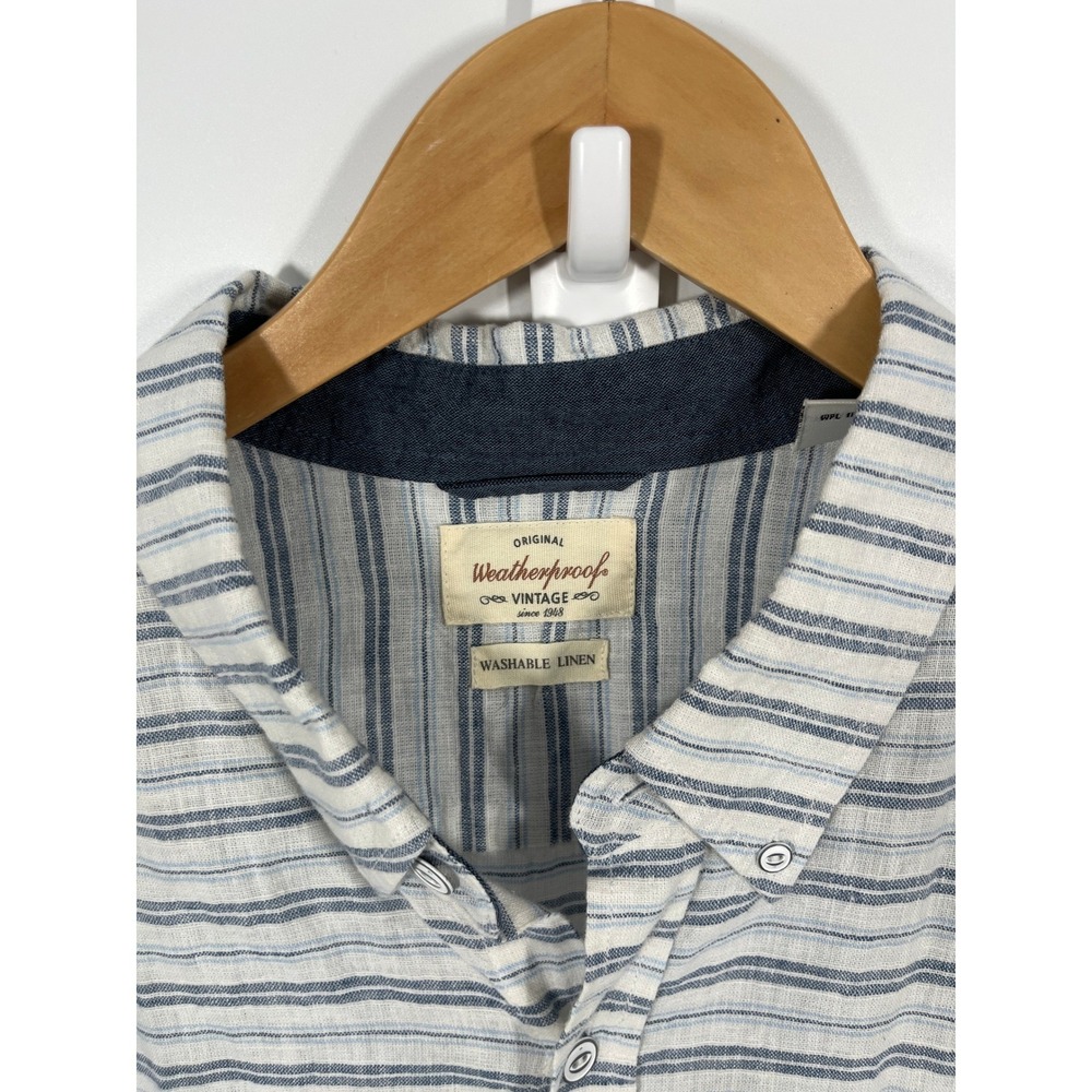 Weatherproof Mens Linen Blend Button Down Shirt White Stripe Lightweight - Picture 2 of 10